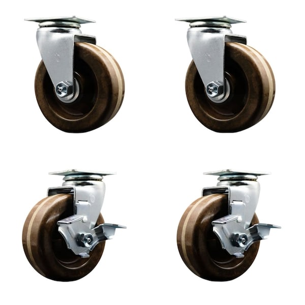 5'' High Temp Phenolic Swivel Caster Set with Bronze Bearings 2 Brakes, 4PK